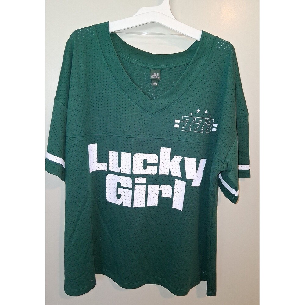NEW! Women's Wild Fable Green Lucky Girl 777 Oversized Jersey Top, Size M